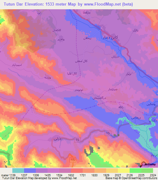Tutun Dar,Iran Elevation Map