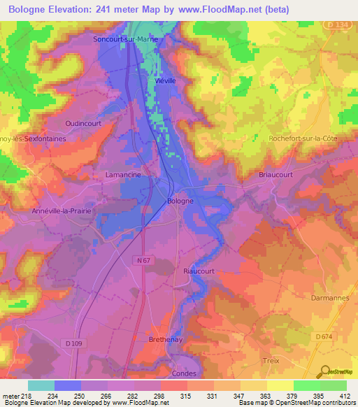 Bologne,France Elevation Map