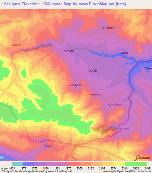 Yesilyurt,Turkey Elevation Map