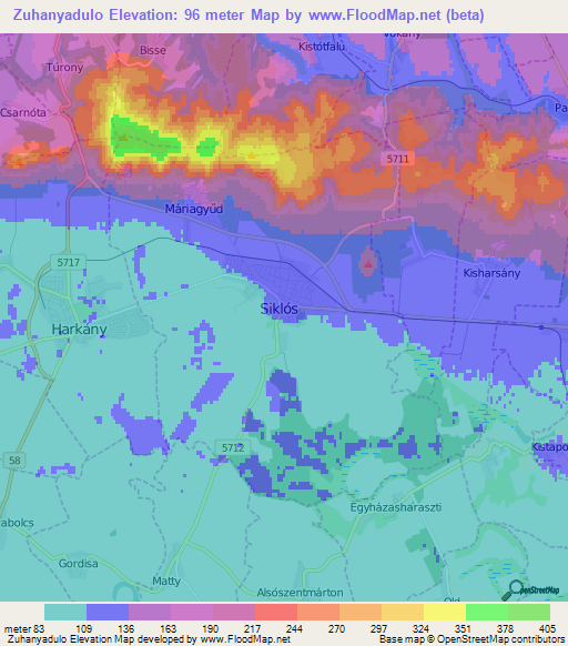 Zuhanyadulo,Hungary Elevation Map