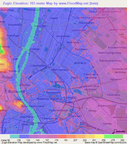 Zuglo,Hungary Elevation Map