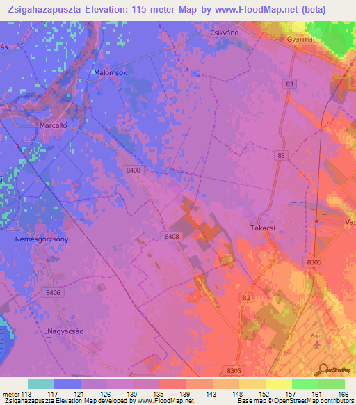 Zsigahazapuszta,Hungary Elevation Map