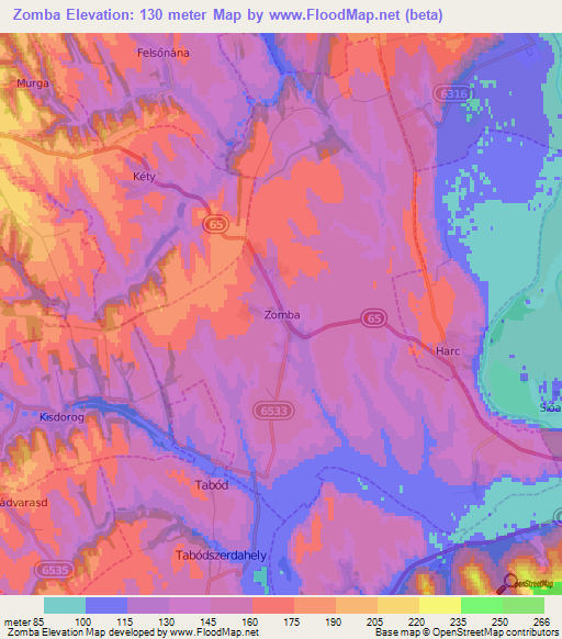 Zomba,Hungary Elevation Map