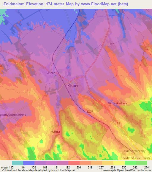 Zoldmalom,Hungary Elevation Map
