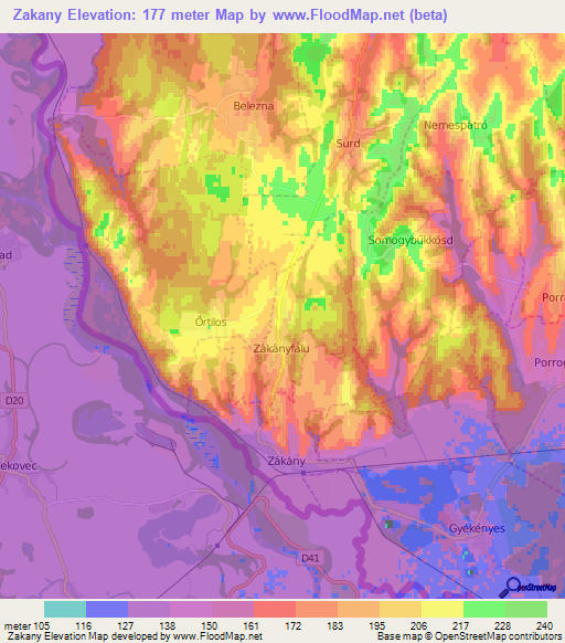 Zakany,Hungary Elevation Map