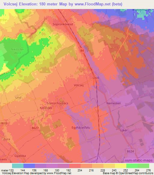Volcsej,Hungary Elevation Map