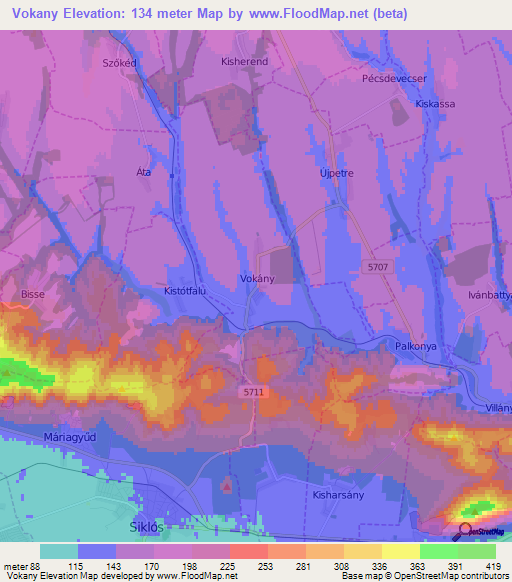 Vokany,Hungary Elevation Map