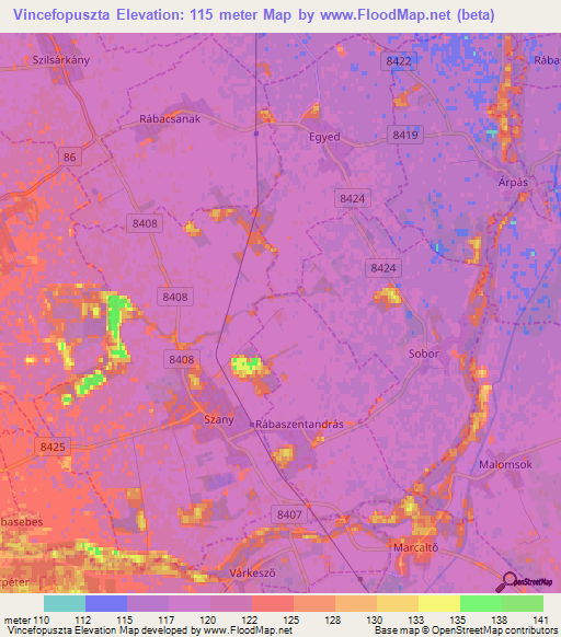Vincefopuszta,Hungary Elevation Map