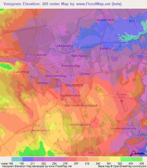 Veszprem,Hungary Elevation Map