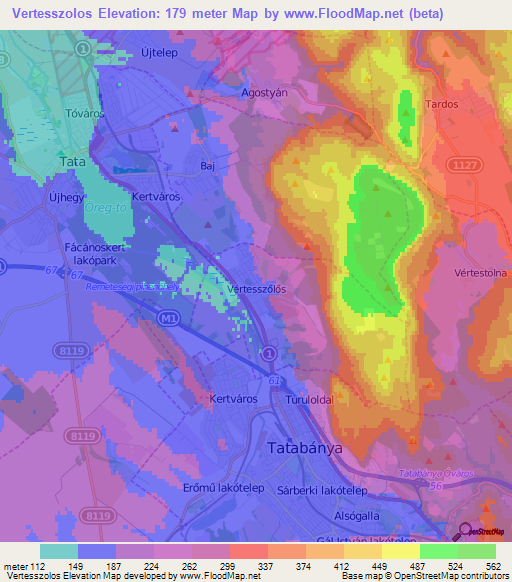 Vertesszolos,Hungary Elevation Map