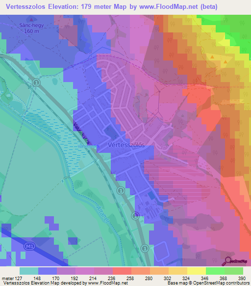 Vertesszolos,Hungary Elevation Map