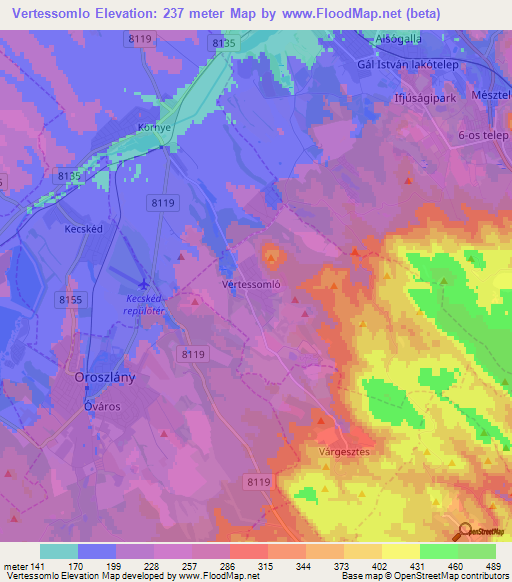 Vertessomlo,Hungary Elevation Map