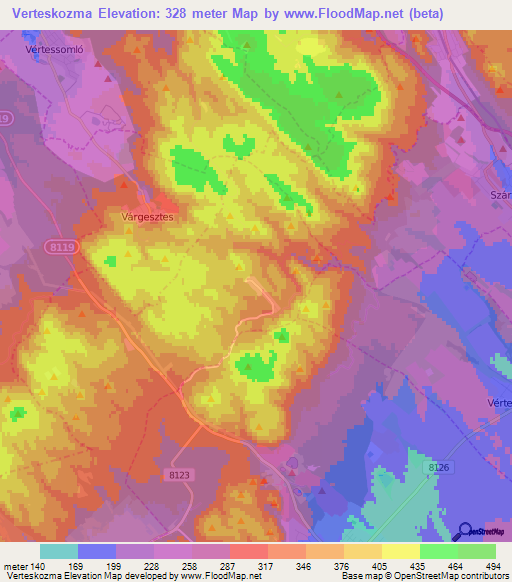 Verteskozma,Hungary Elevation Map
