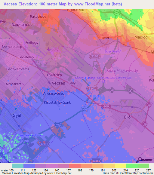 Vecses,Hungary Elevation Map