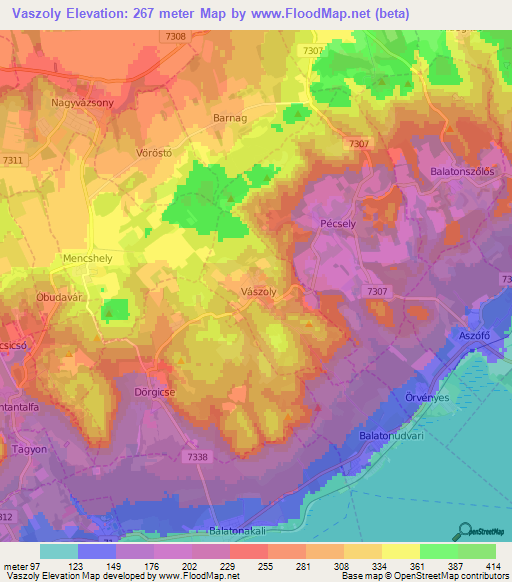 Vaszoly,Hungary Elevation Map