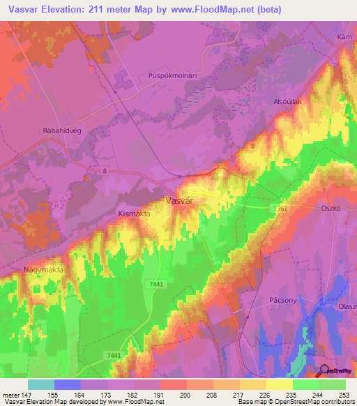 Vasvar,Hungary Elevation Map