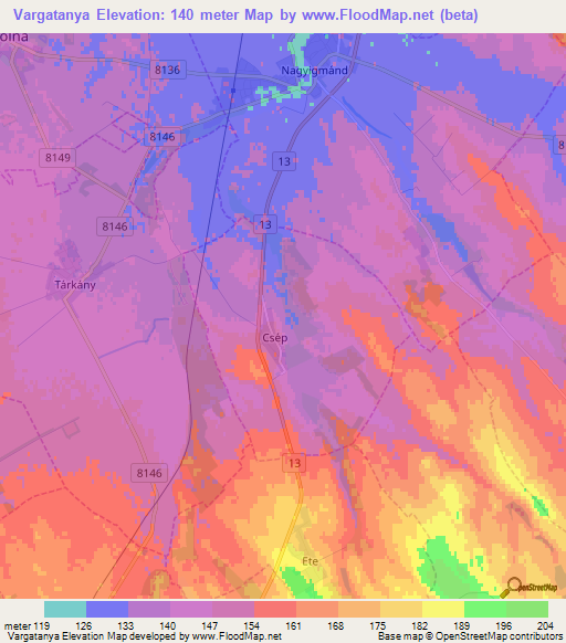Vargatanya,Hungary Elevation Map