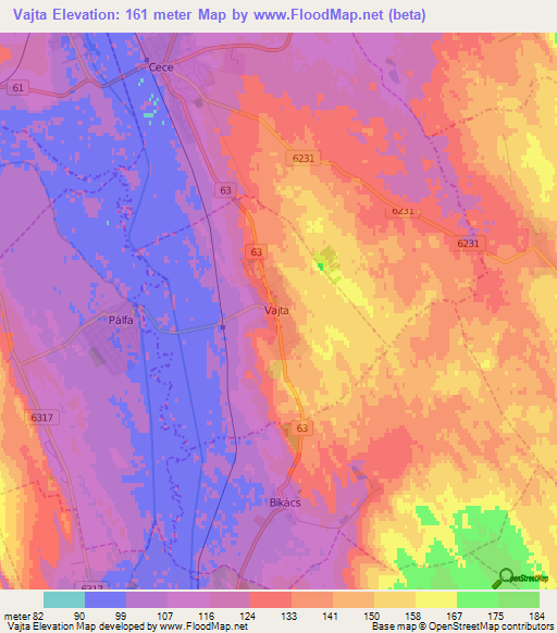 Vajta,Hungary Elevation Map
