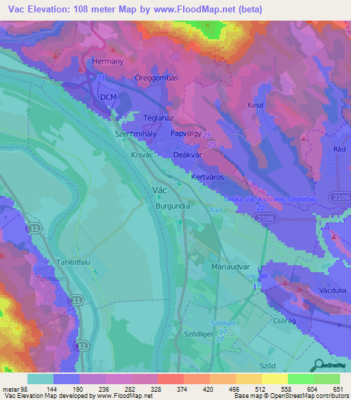 Vac,Hungary Elevation Map