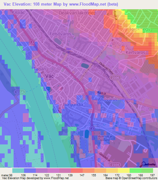 Vac,Hungary Elevation Map
