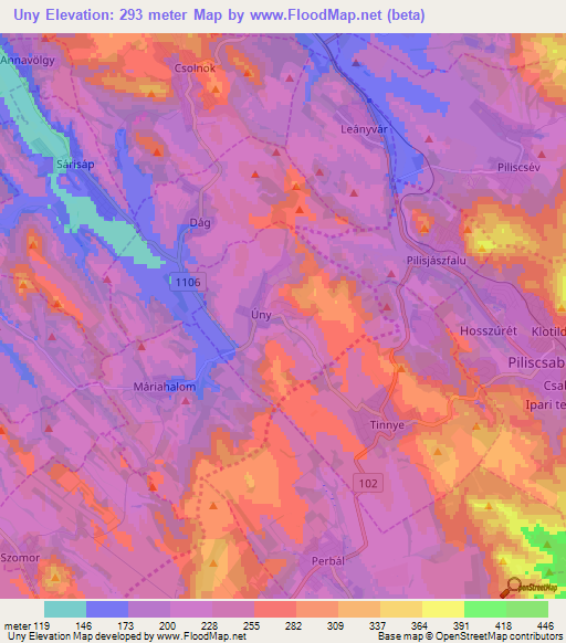 Uny,Hungary Elevation Map