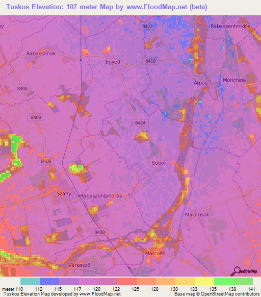 Tuskos,Hungary Elevation Map