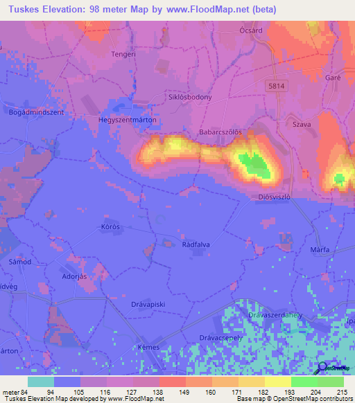 Tuskes,Hungary Elevation Map
