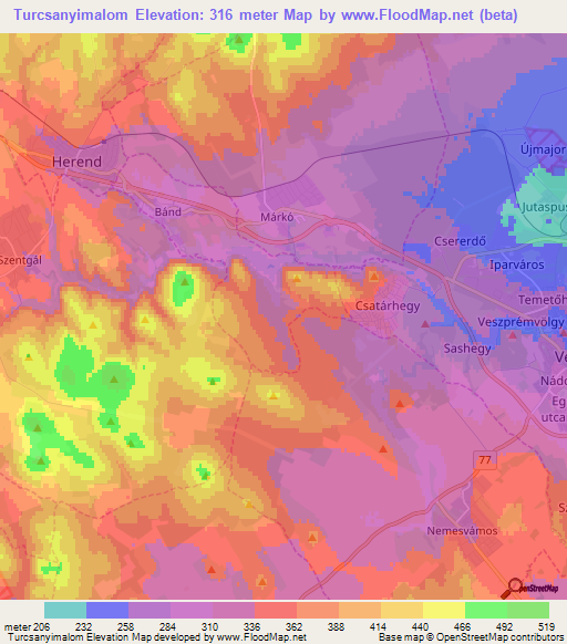 Turcsanyimalom,Hungary Elevation Map