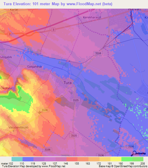 Tura,Hungary Elevation Map