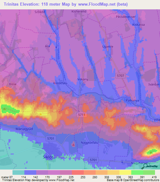 Trinitas,Hungary Elevation Map