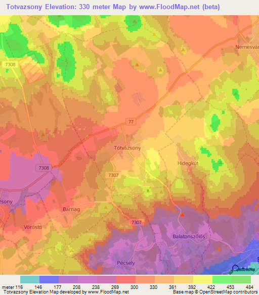 Totvazsony,Hungary Elevation Map