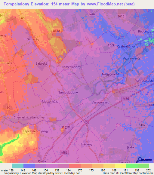 Tompaladony,Hungary Elevation Map