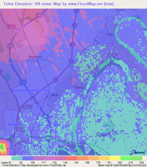 Tolna,Hungary Elevation Map