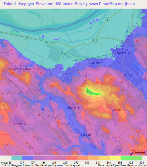 Tokodi Uveggyar,Hungary Elevation Map
