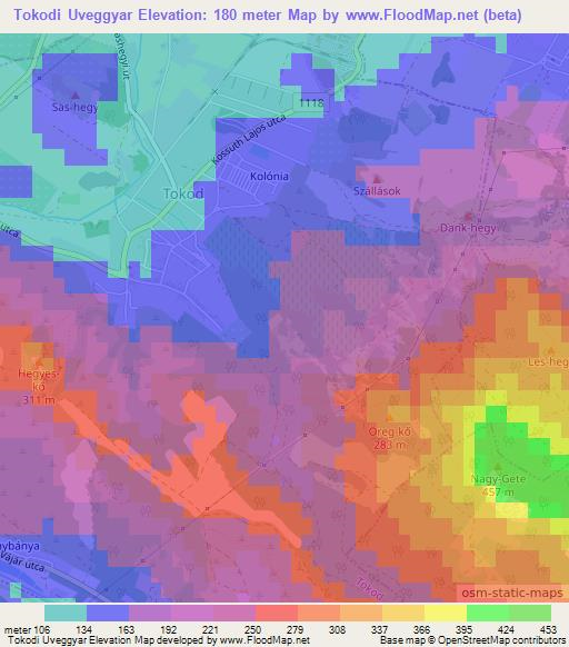 Tokodi Uveggyar,Hungary Elevation Map