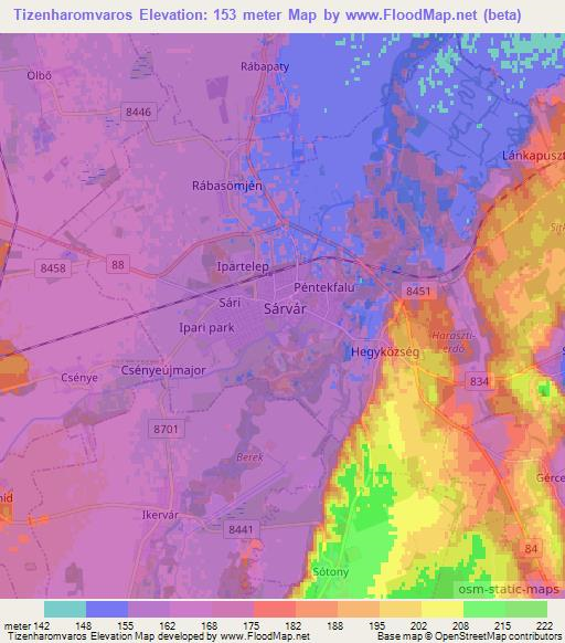 Tizenharomvaros,Hungary Elevation Map