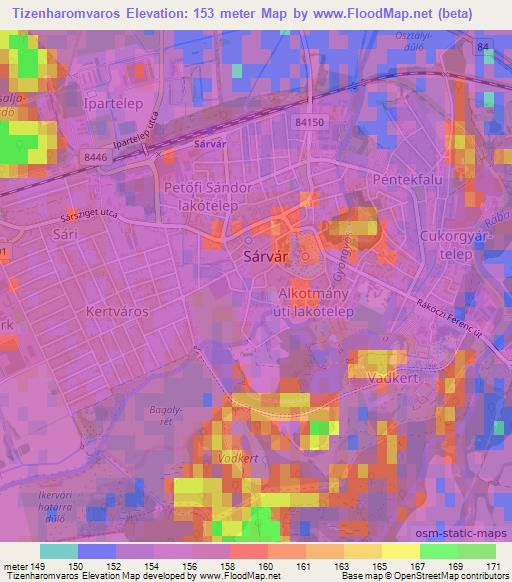 Tizenharomvaros,Hungary Elevation Map