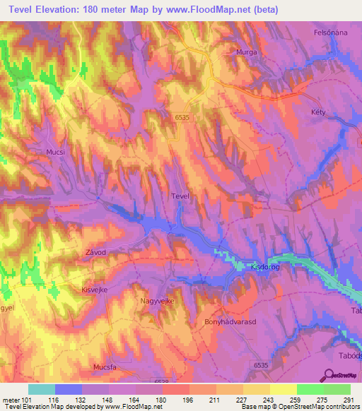 Tevel,Hungary Elevation Map