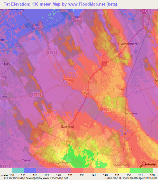 Tet,Hungary Elevation Map