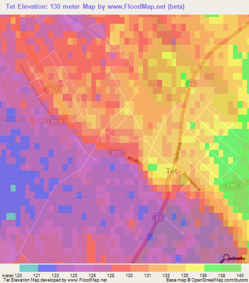 Tet,Hungary Elevation Map