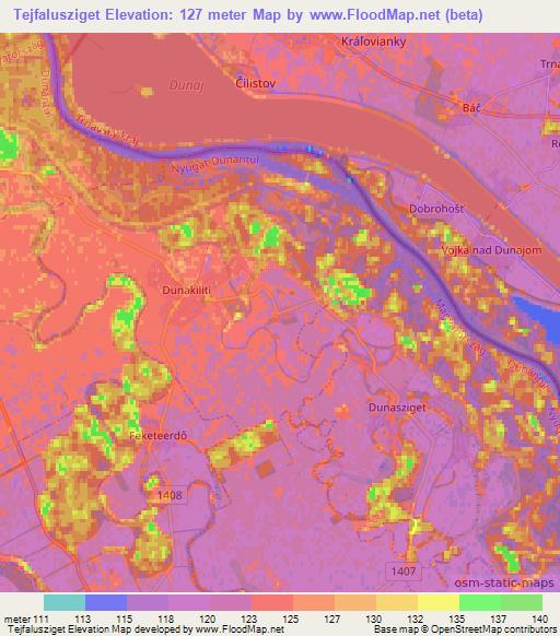 Tejfalusziget,Hungary Elevation Map
