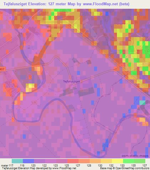 Tejfalusziget,Hungary Elevation Map