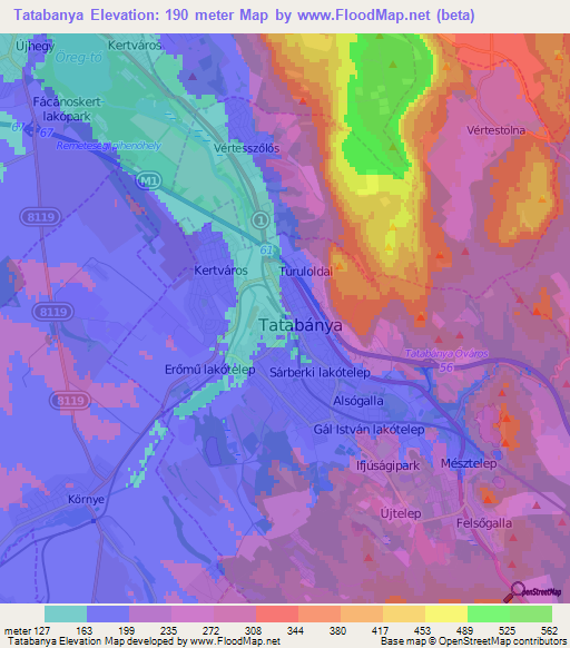 Tatabanya,Hungary Elevation Map