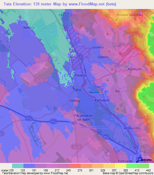 Tata,Hungary Elevation Map