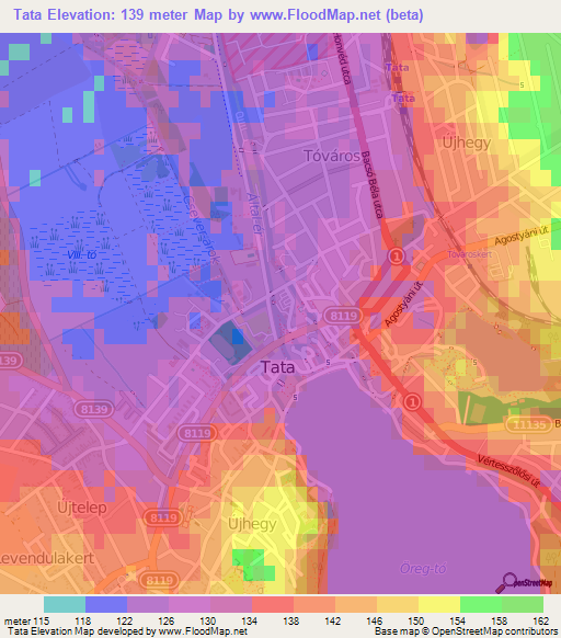 Tata,Hungary Elevation Map