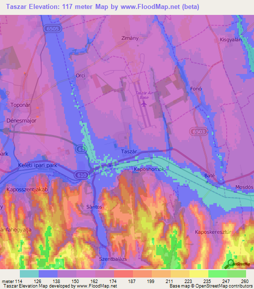 Taszar,Hungary Elevation Map