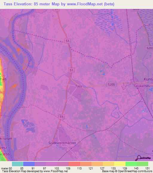 Tass,Hungary Elevation Map