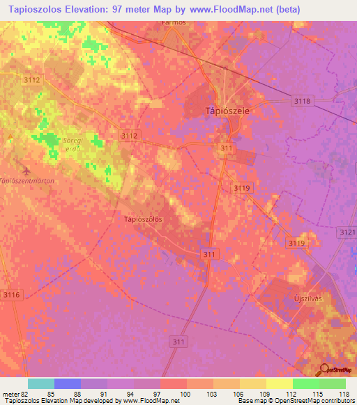 Tapioszolos,Hungary Elevation Map