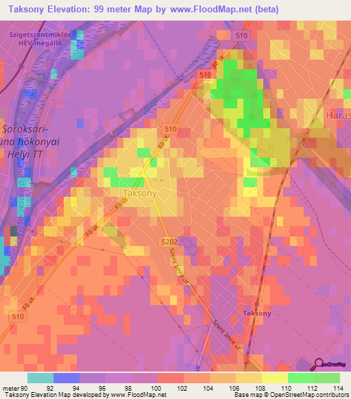 Taksony,Hungary Elevation Map