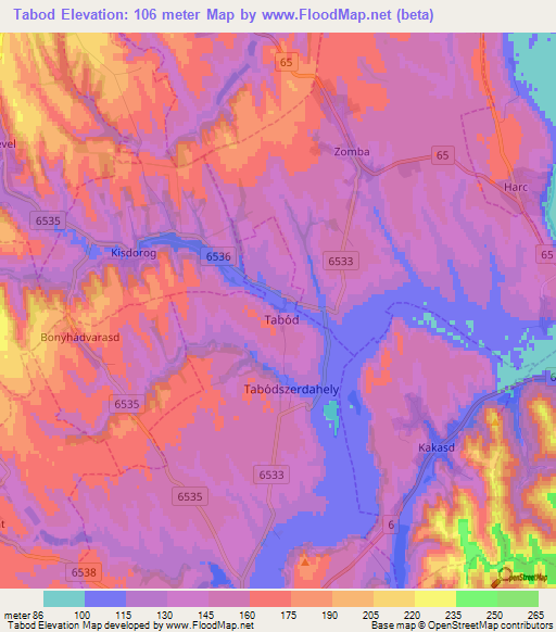 Tabod,Hungary Elevation Map